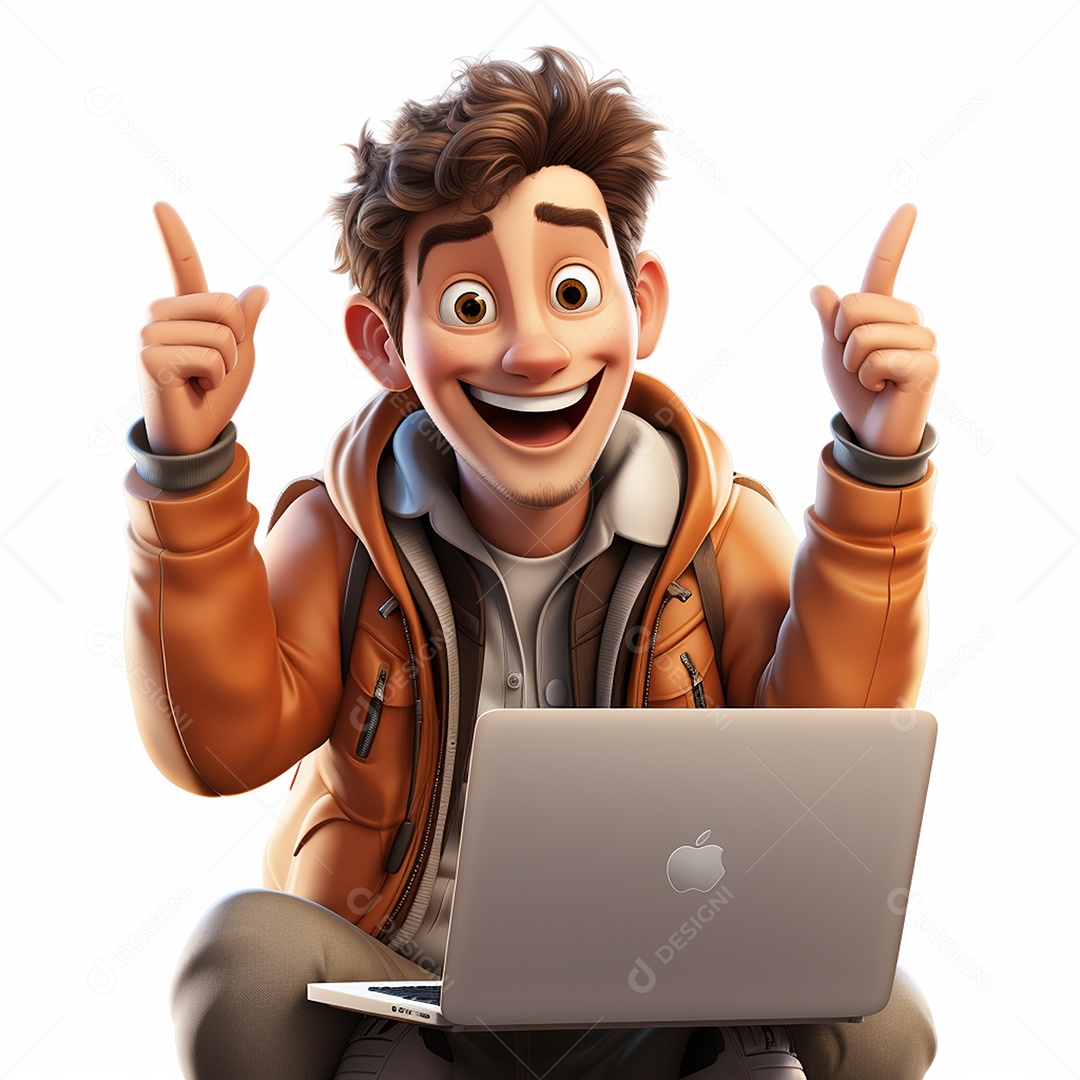 Homem feliz de desenho animado 3d usando laptop em fundo branco transparente