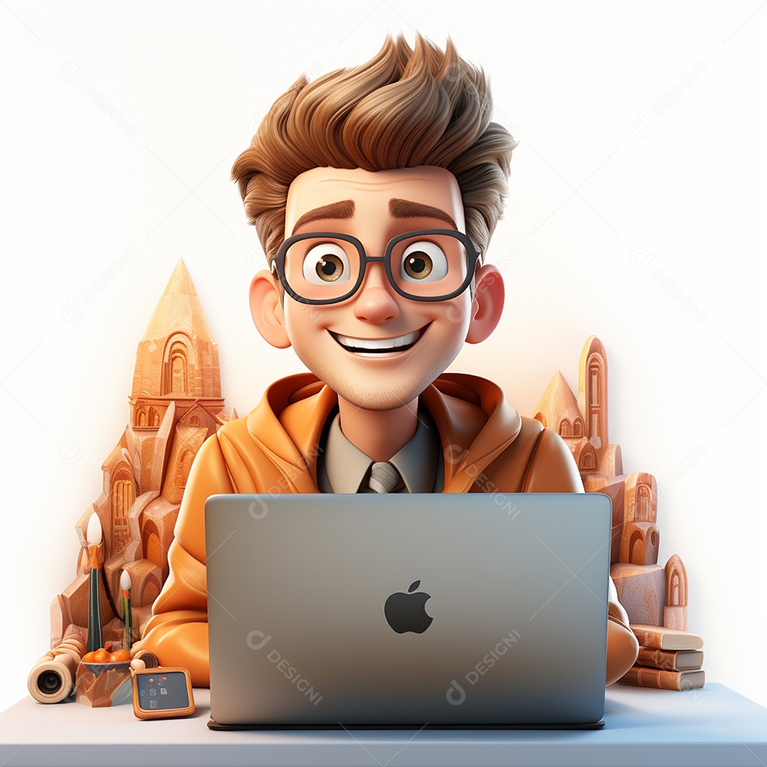 Homem feliz de desenho animado 3d usando laptop em fundo branco transparente