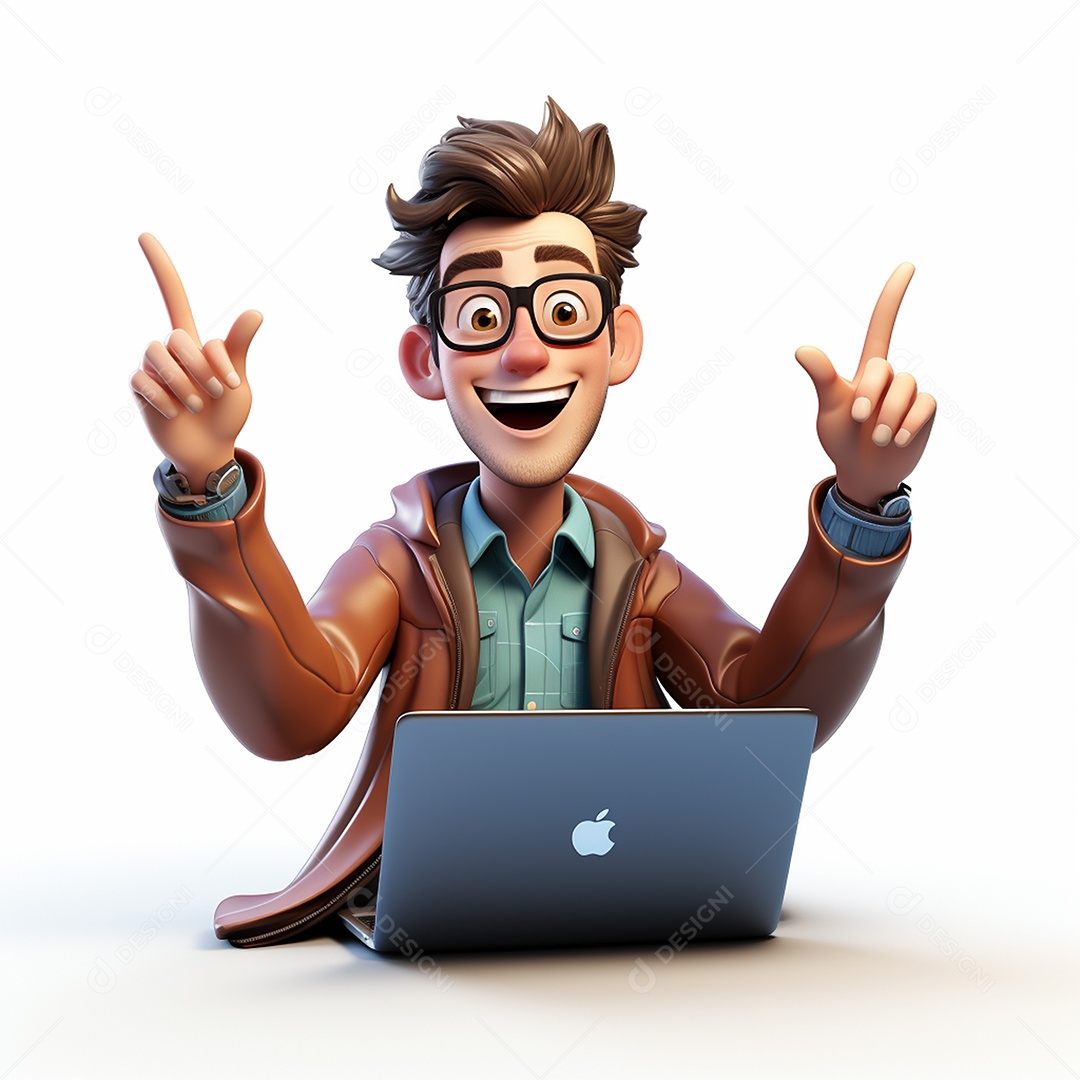 Homem feliz de desenho animado 3d usando laptop em fundo branco transparente