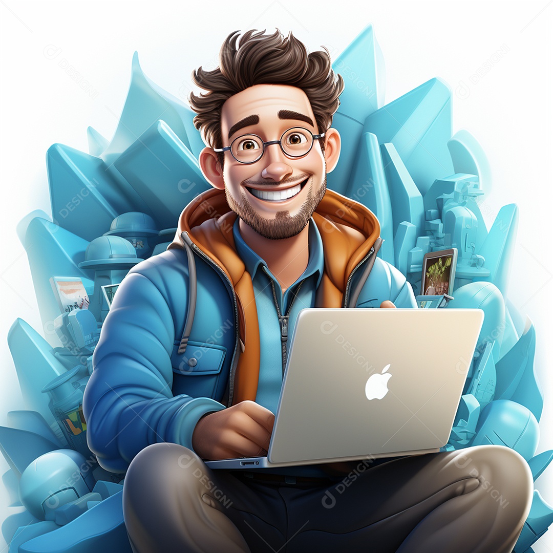 Homem feliz de desenho animado 3d usando laptop em fundo branco transparente