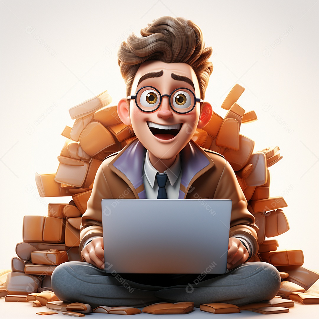 Homem feliz de desenho animado 3d usando laptop em fundo branco transparente