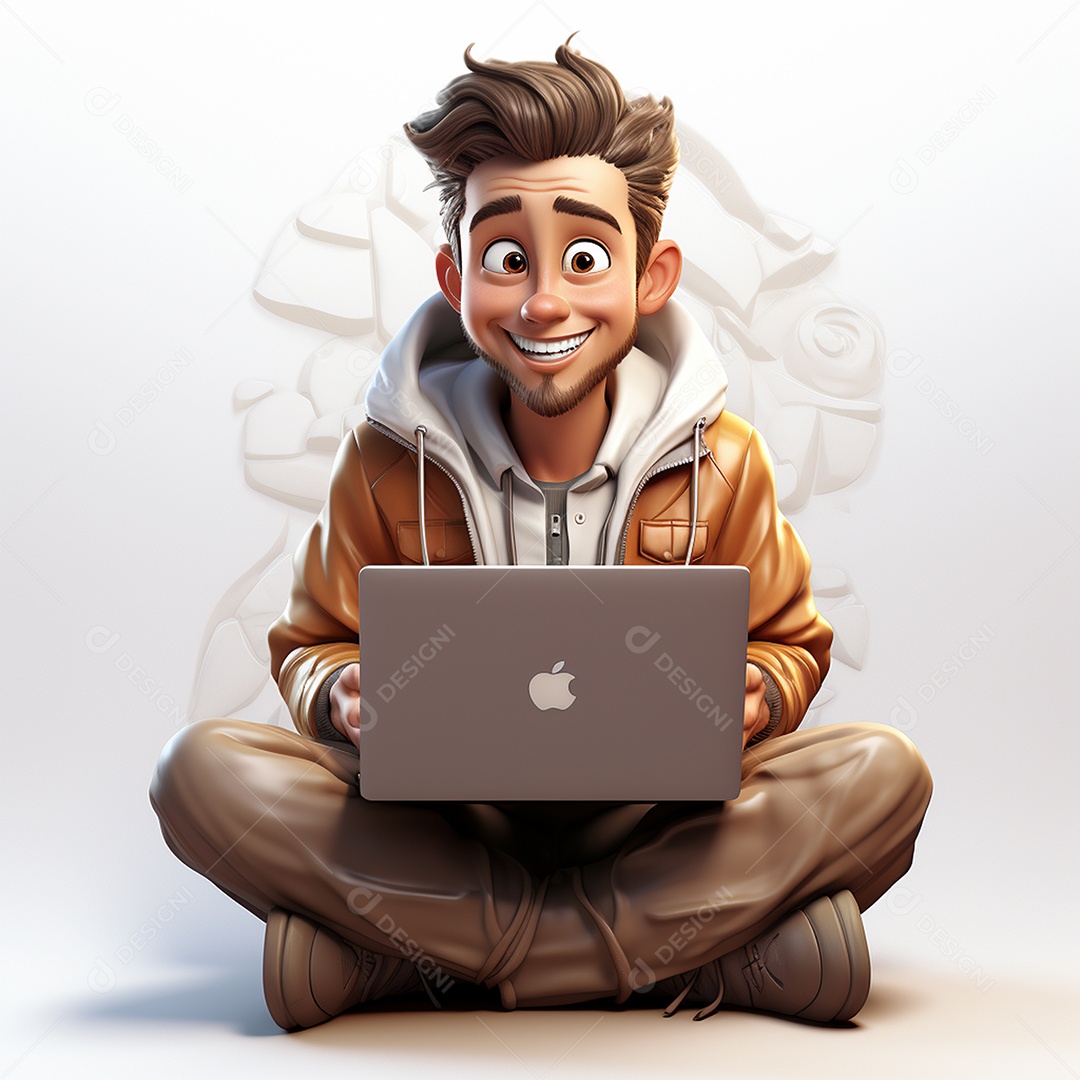 Homem feliz de desenho animado 3d usando laptop em fundo branco transparente