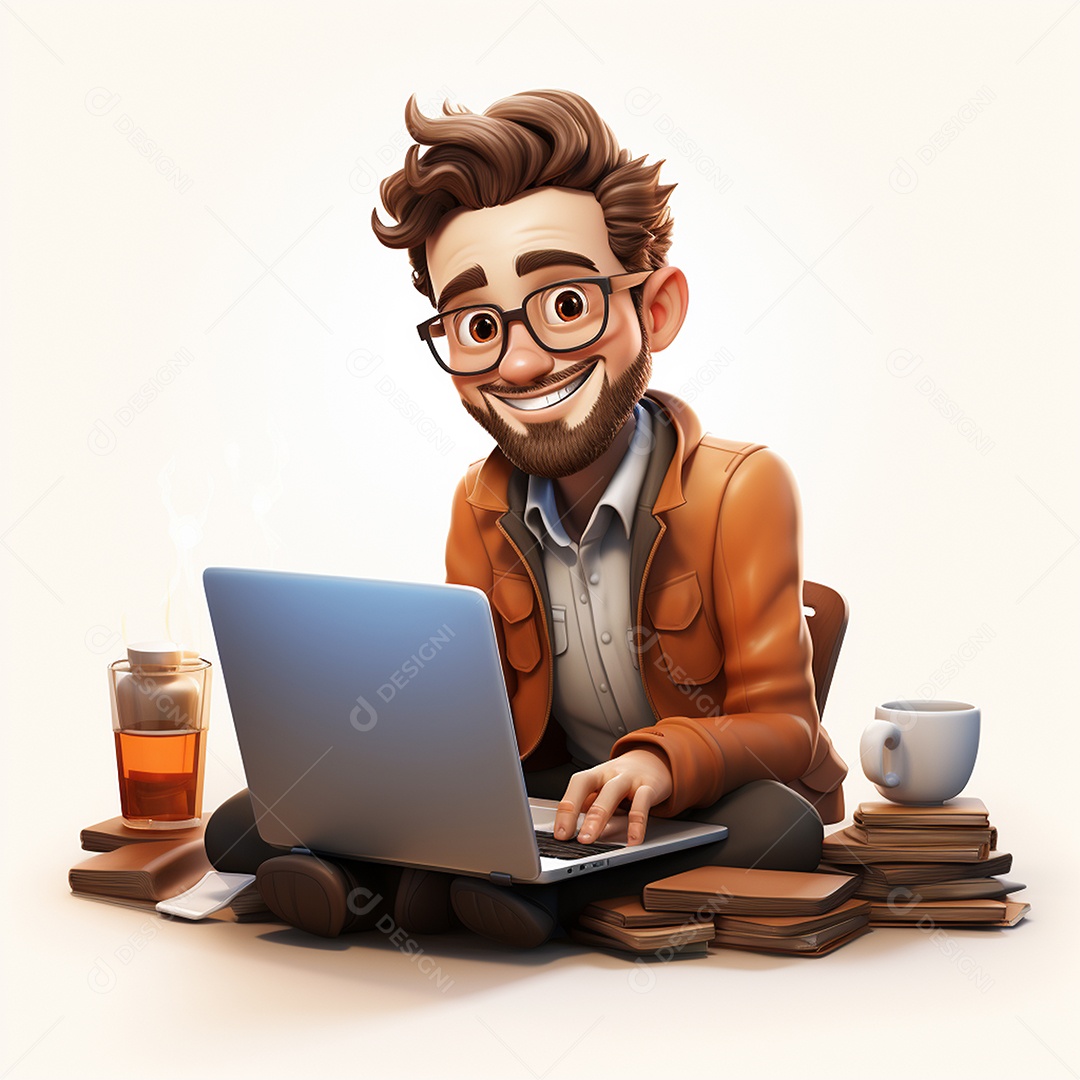 Homem feliz de desenho animado 3d usando laptop em fundo branco transparente