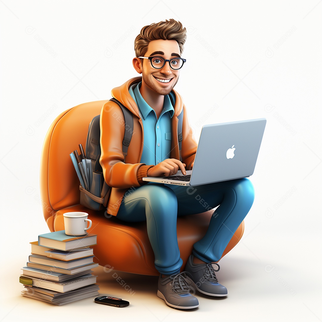 Homem feliz de desenho animado 3d usando laptop em fundo branco transparente