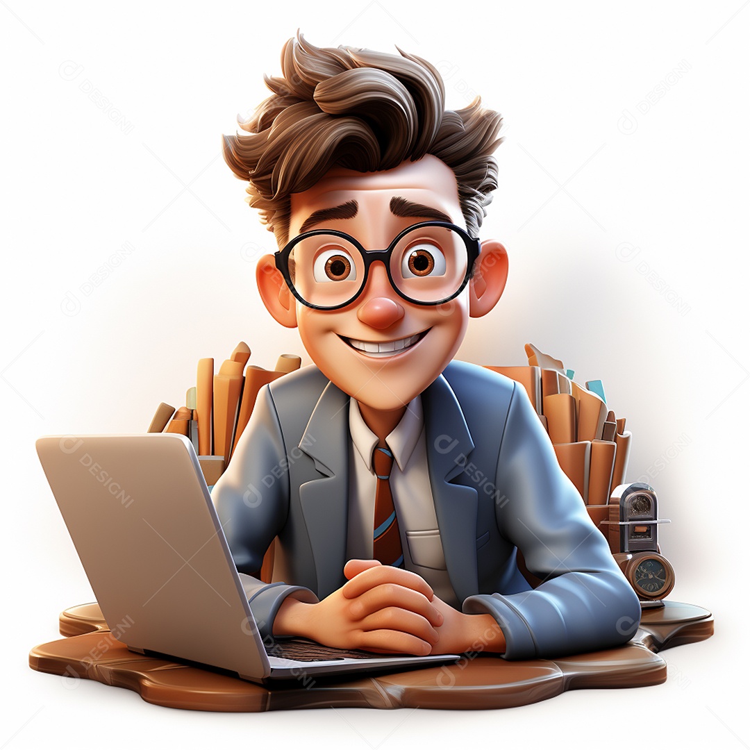 Homem feliz de desenho animado 3d usando laptop em fundo branco transparente