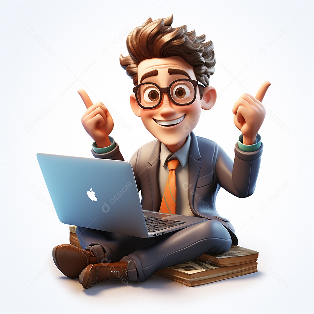 Homem feliz de desenho animado 3d usando laptop em fundo branco transparente