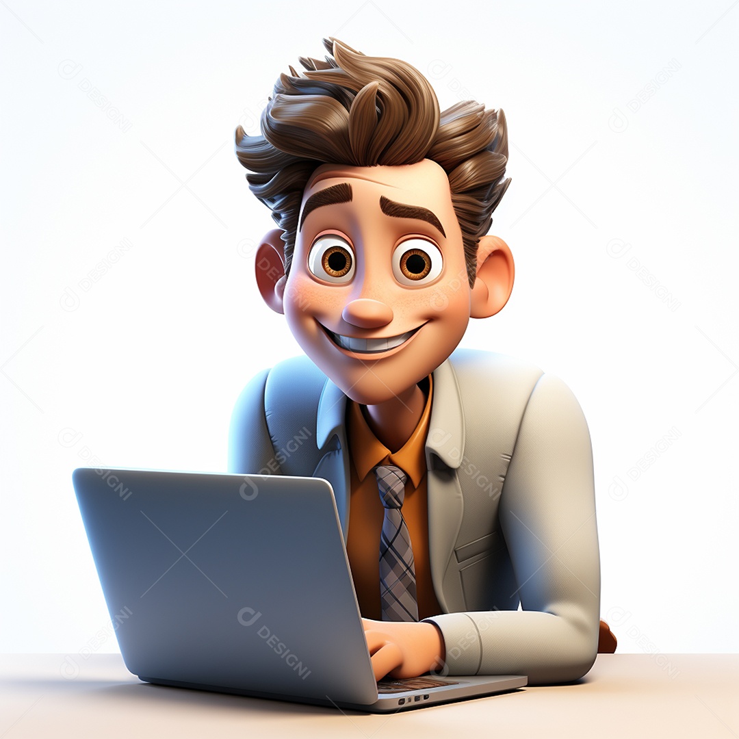 Homem feliz de desenho animado 3d usando laptop em fundo branco transparente