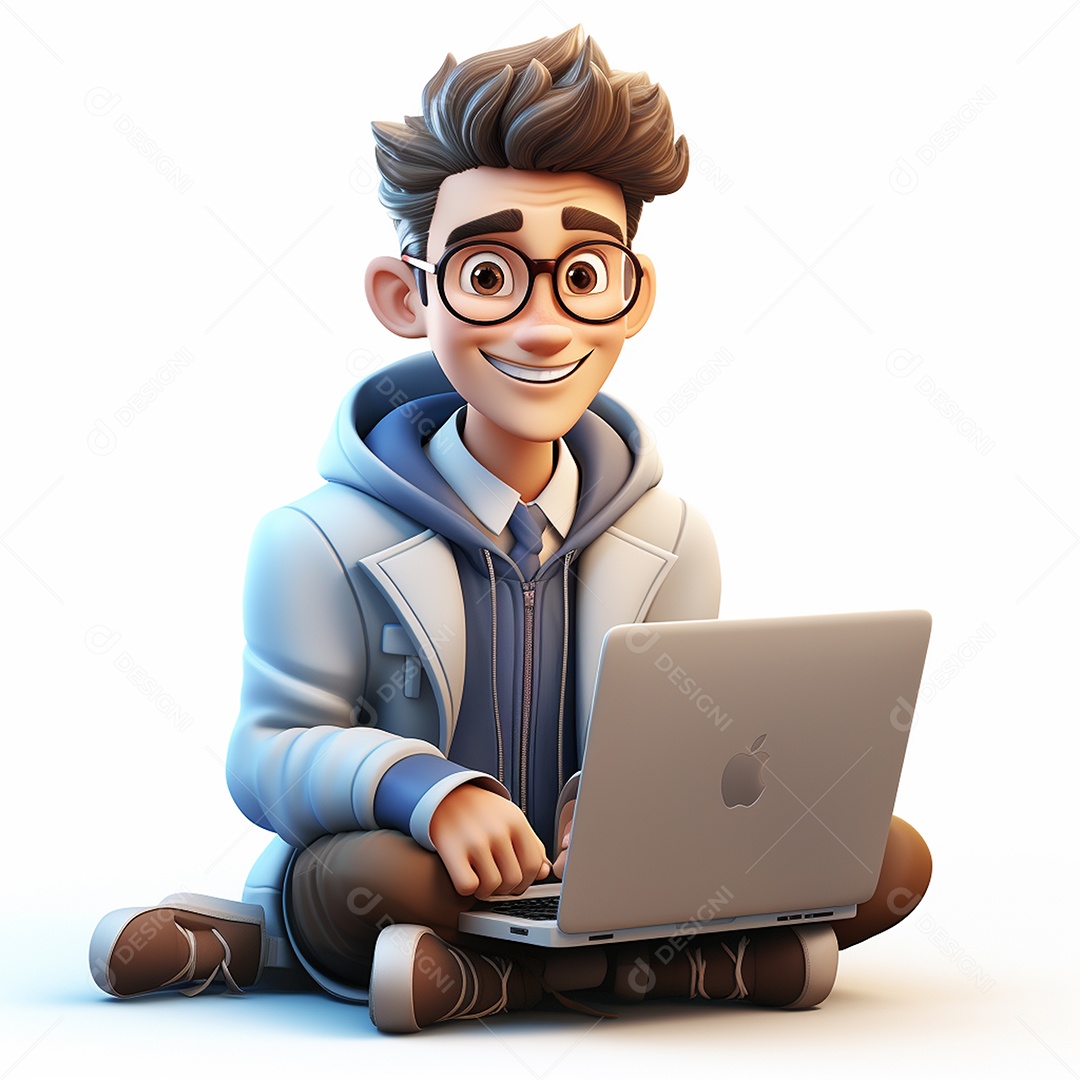 Homem feliz de desenho animado 3d usando laptop em fundo branco transparente