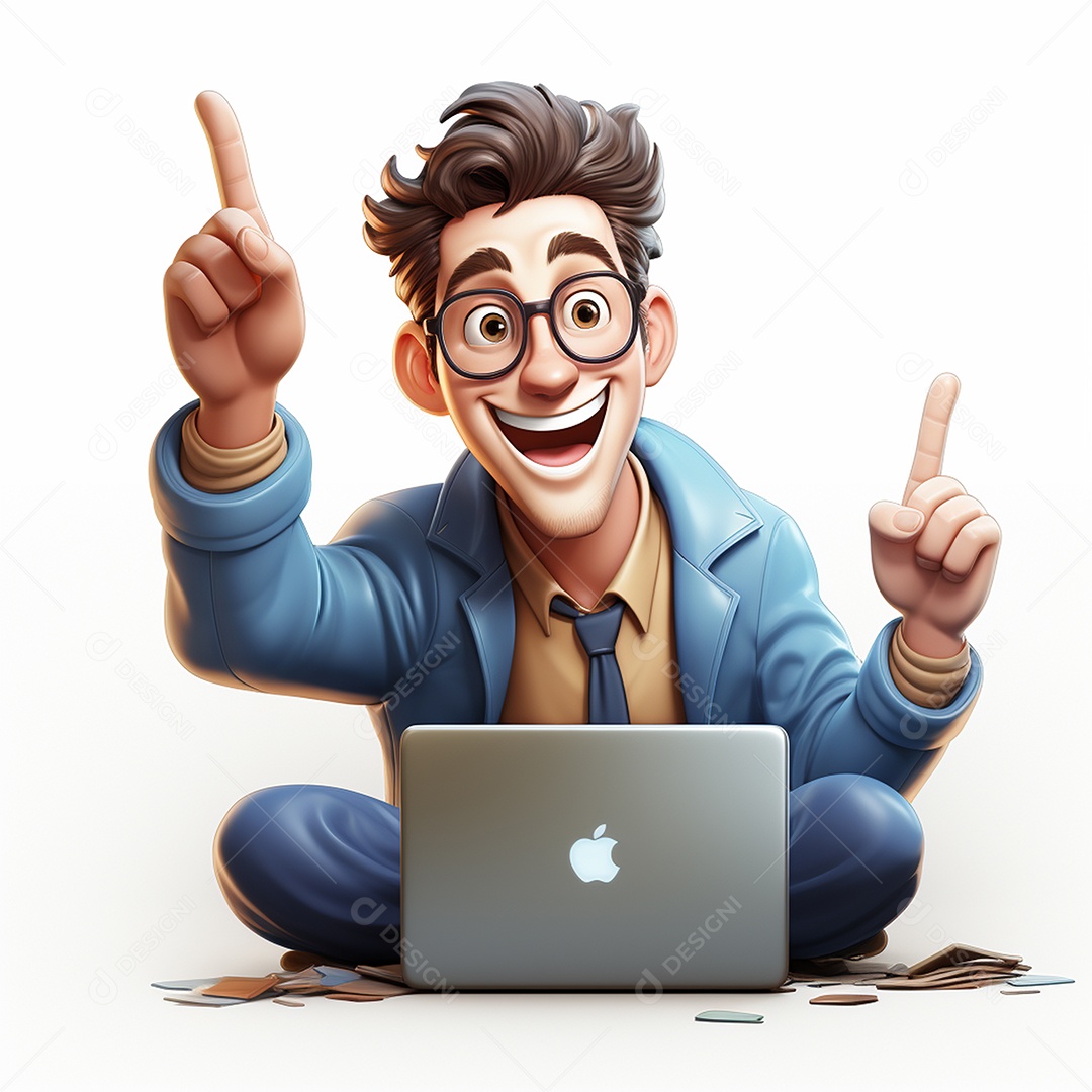 Homem feliz de desenho animado 3d usando laptop em fundo branco transparente