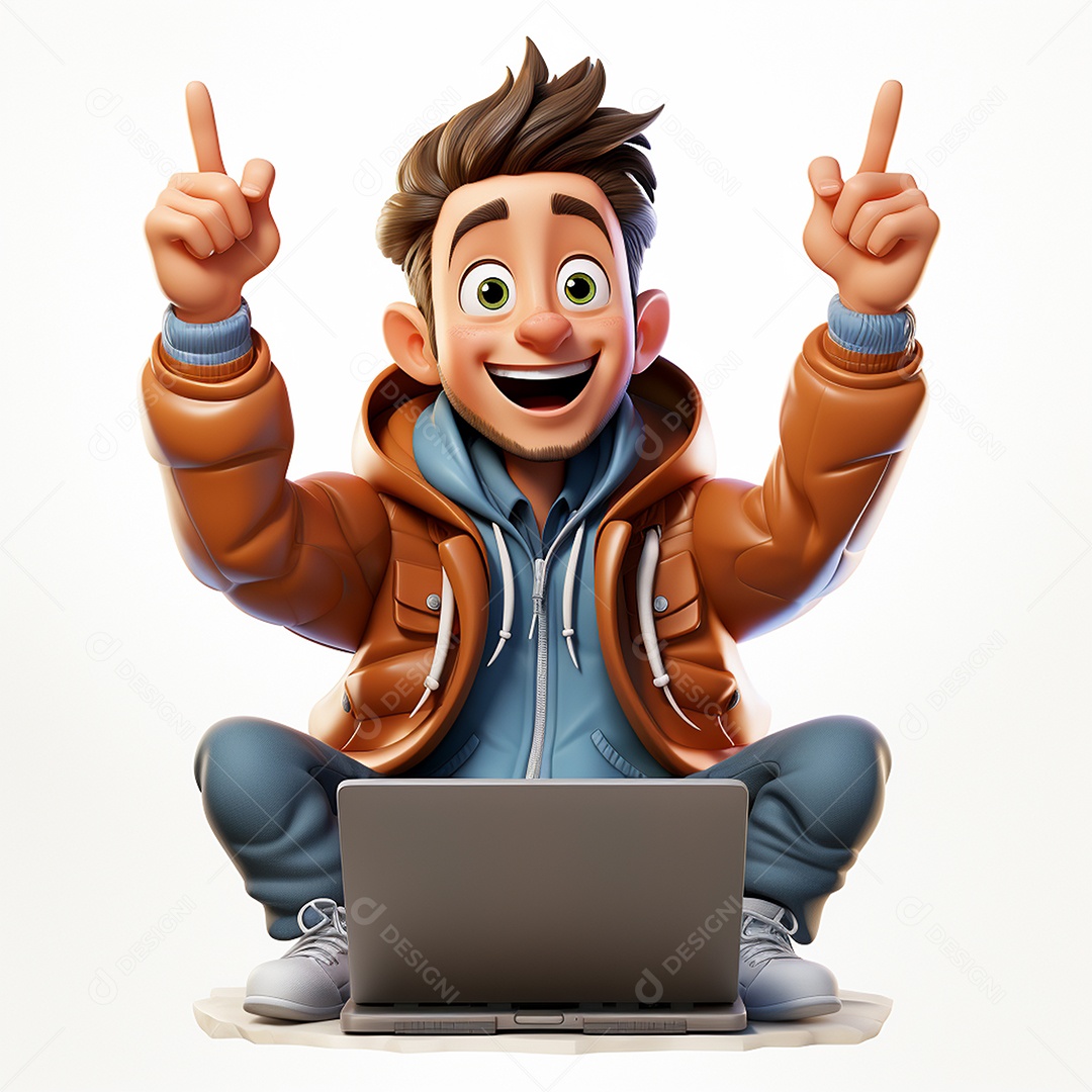 Homem feliz de desenho animado 3d usando laptop em fundo branco transparente
