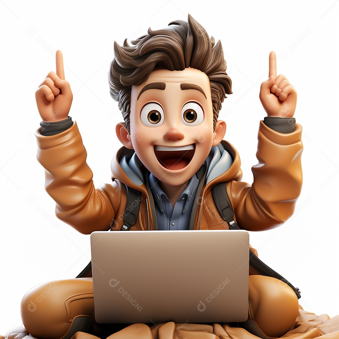 Homem feliz de desenho animado 3d usando laptop em fundo branco transparente