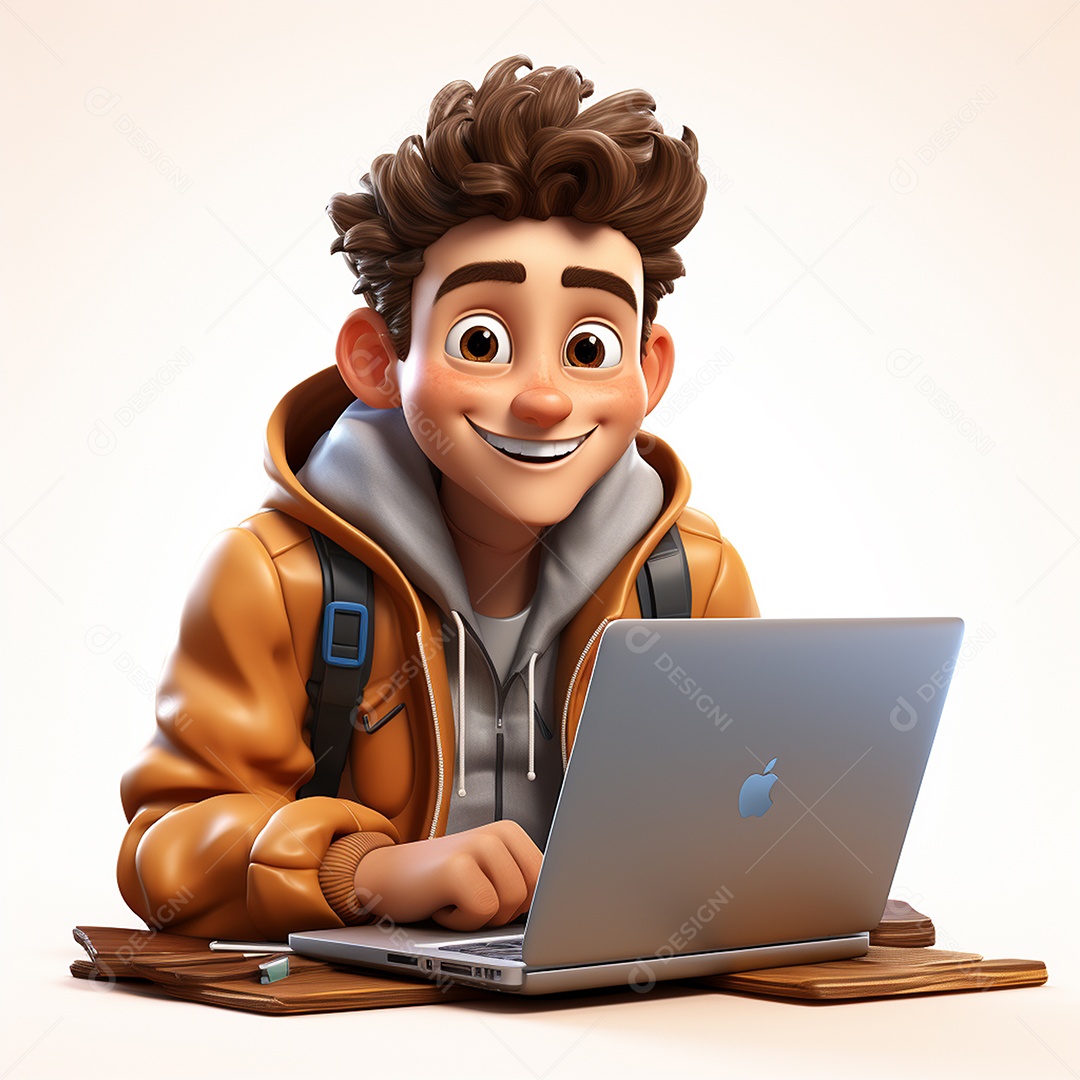 Homem feliz de desenho animado 3d usando laptop em fundo branco transparente