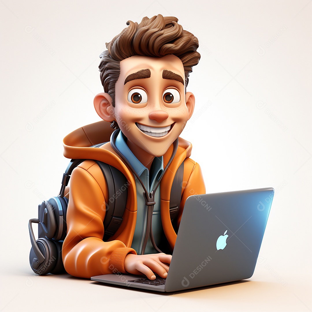 Homem feliz dos desenhos animados 3D usando laptop localizado em fundo branco transparente