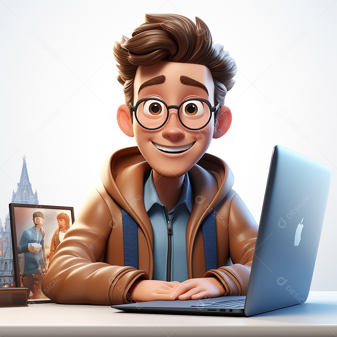 Homem feliz dos desenhos animados 3D usando laptop localizado em fundo branco transparente