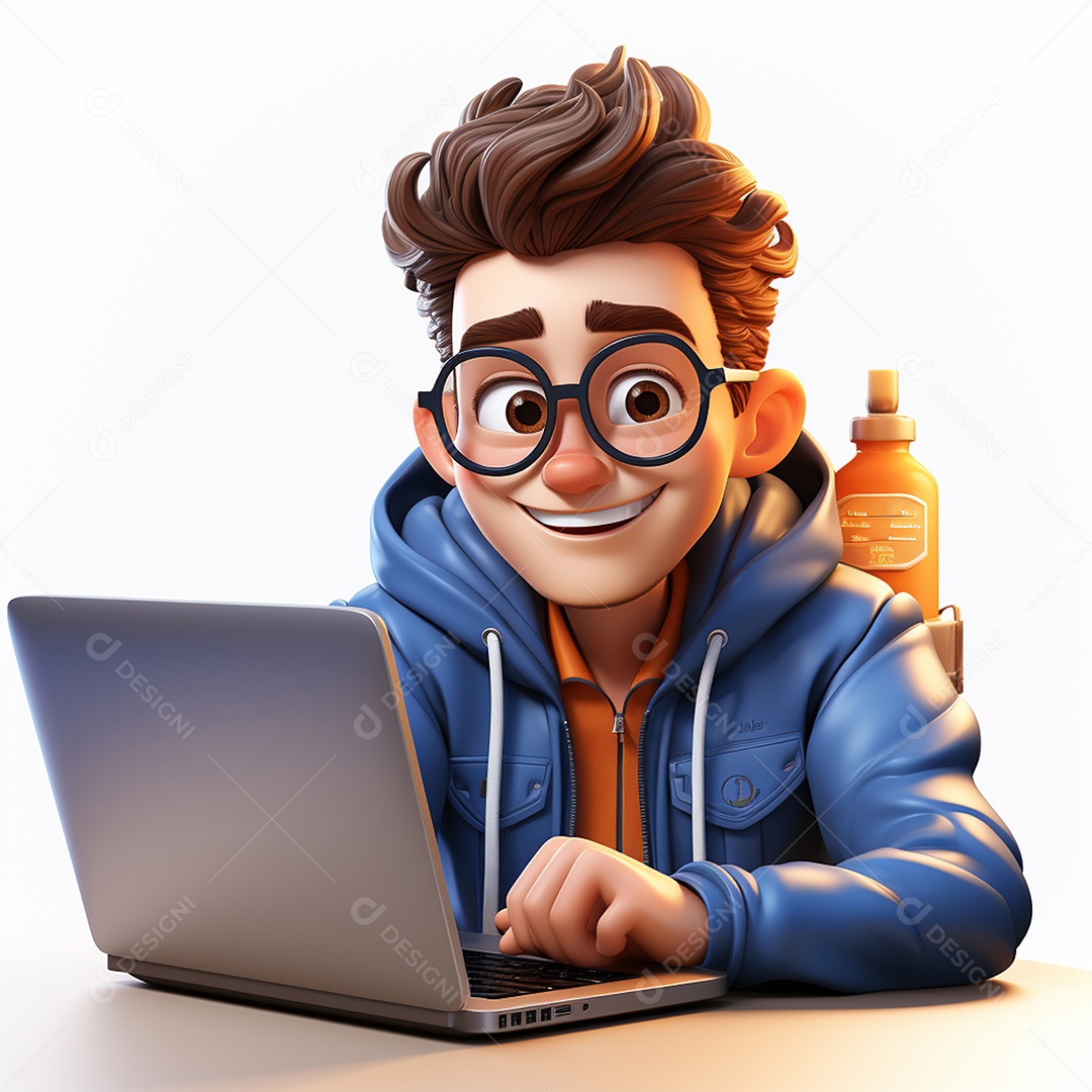 Homem feliz dos desenhos animados 3D usando laptop localizado em fundo branco transparente