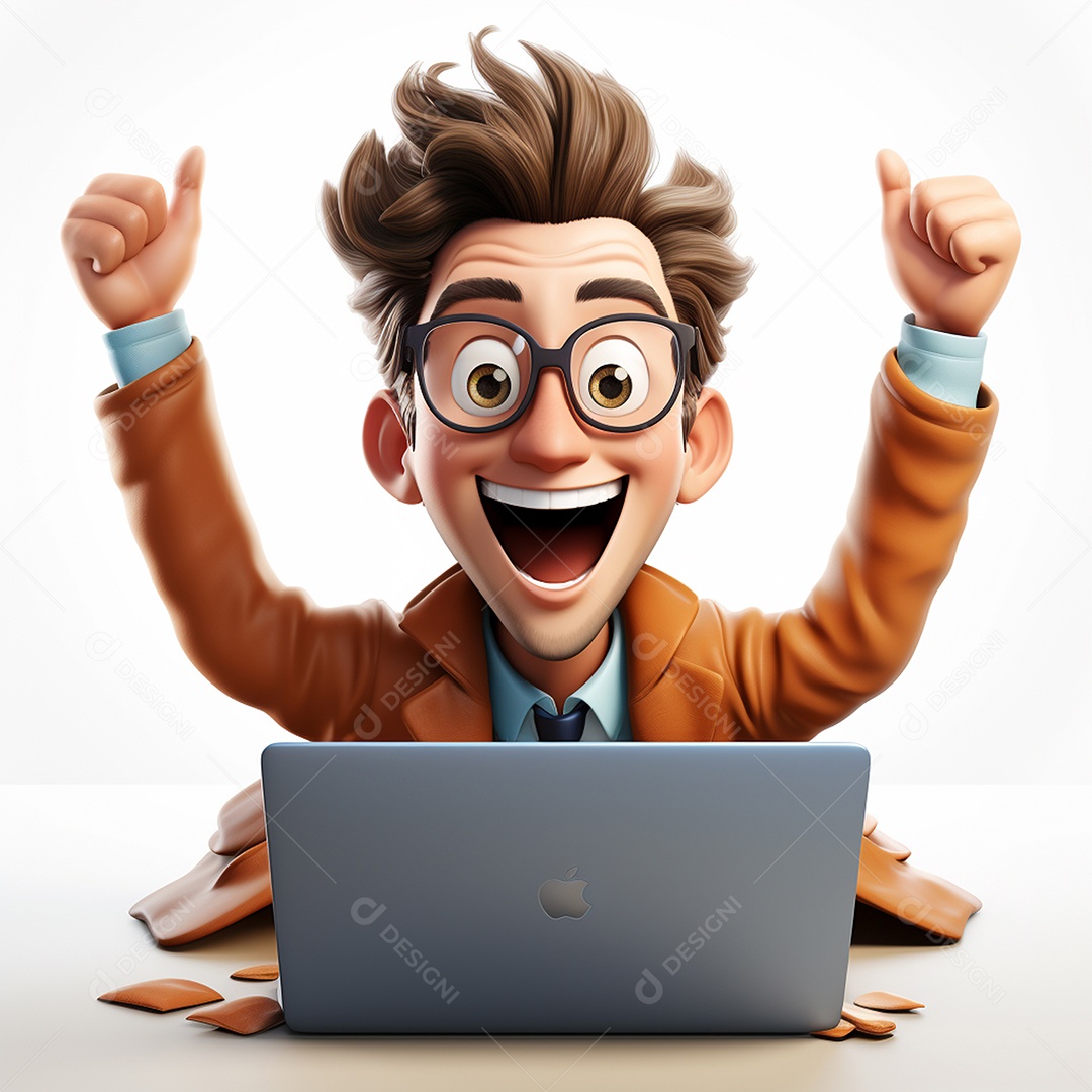 a happy 3d cartoon man using laptop siting on transparent white background 00169