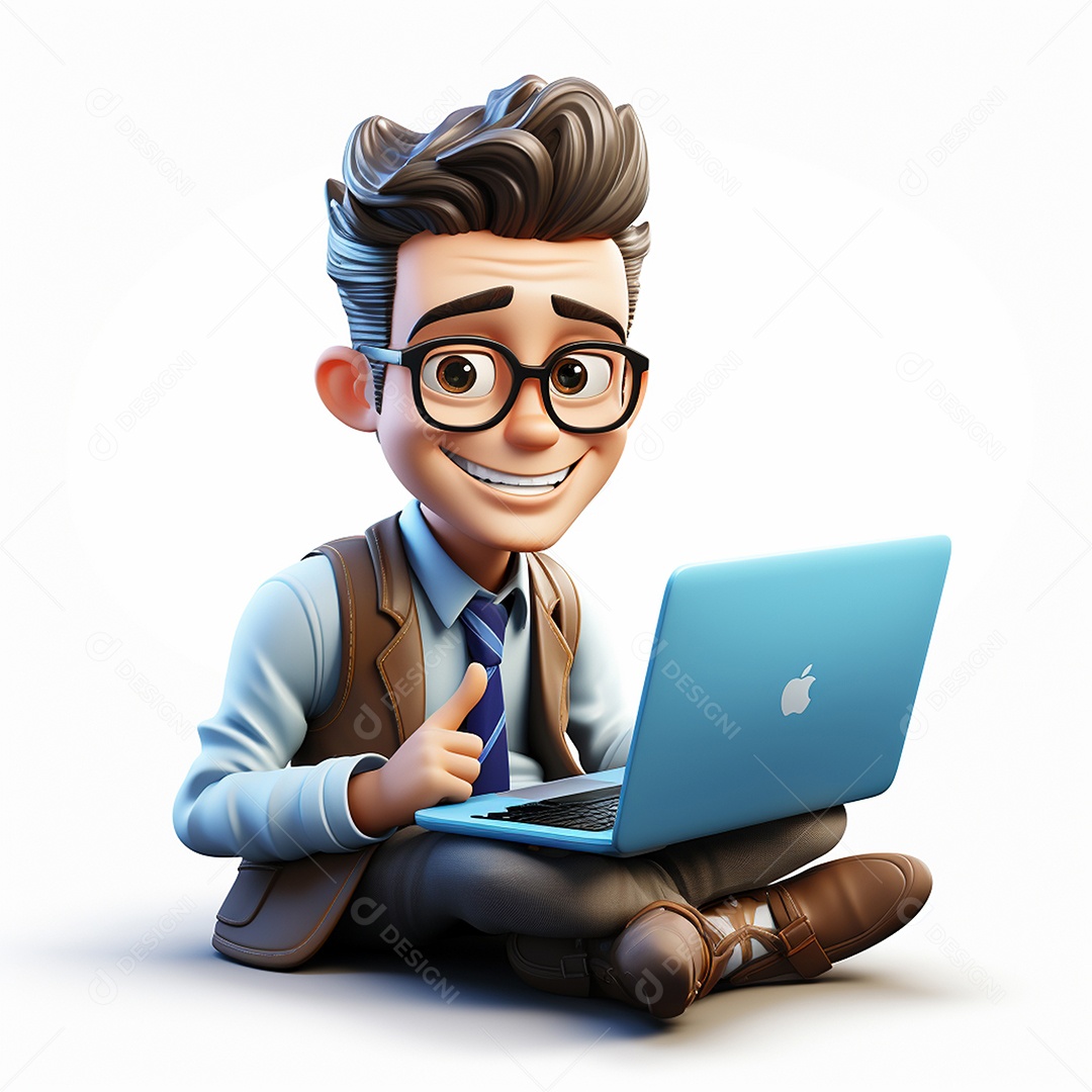 Homem feliz dos desenhos animados 3D usando laptop localizado em fundo branco transparente