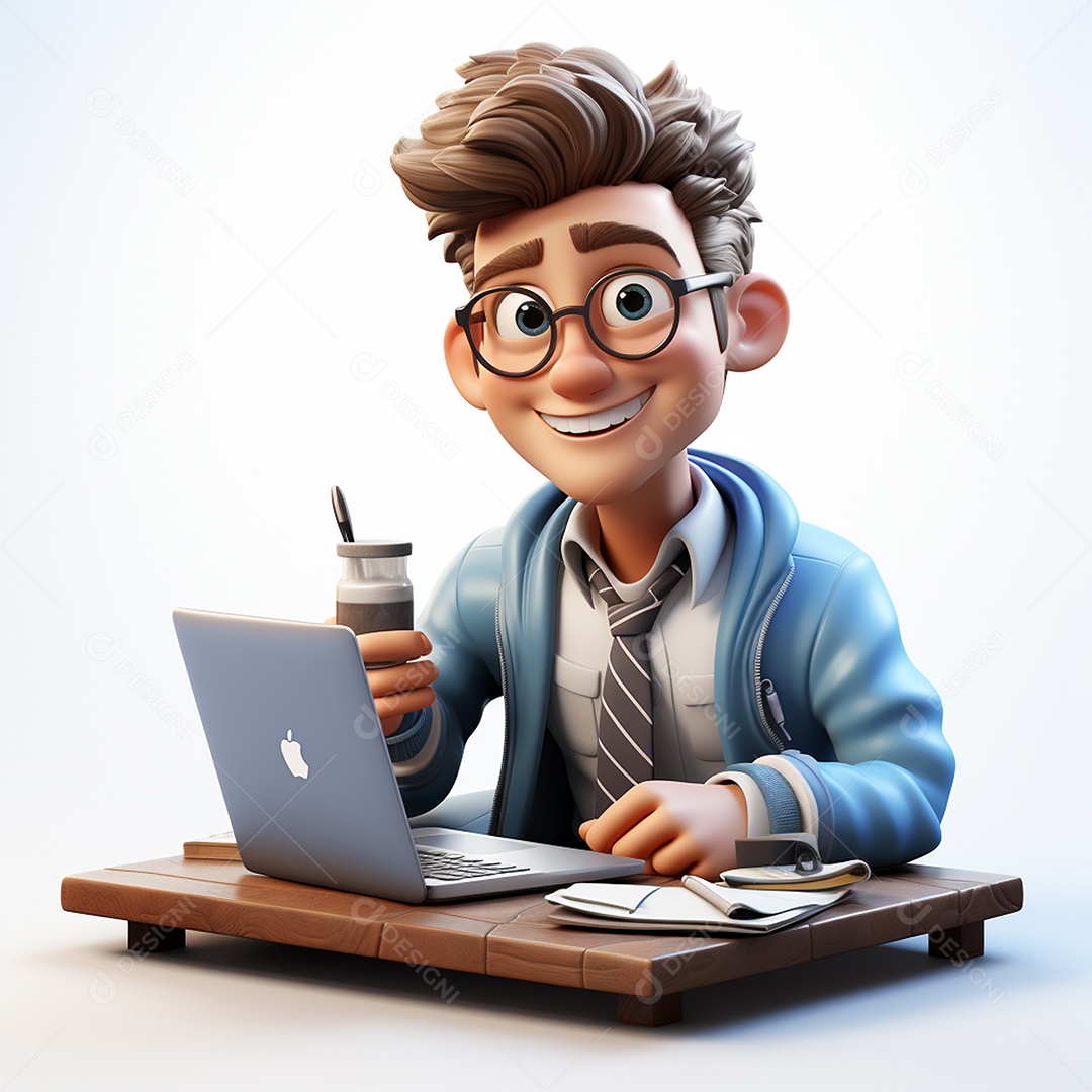 Homem feliz dos desenhos animados 3D usando laptop localizado em fundo branco transparente