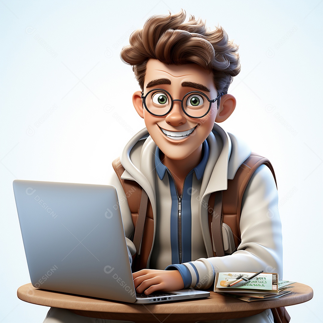 Homem feliz dos desenhos animados 3D usando laptop localizado em fundo branco transparente