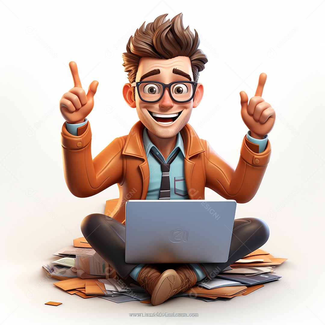 Homem feliz dos desenhos animados 3D usando laptop localizado em fundo branco transparente