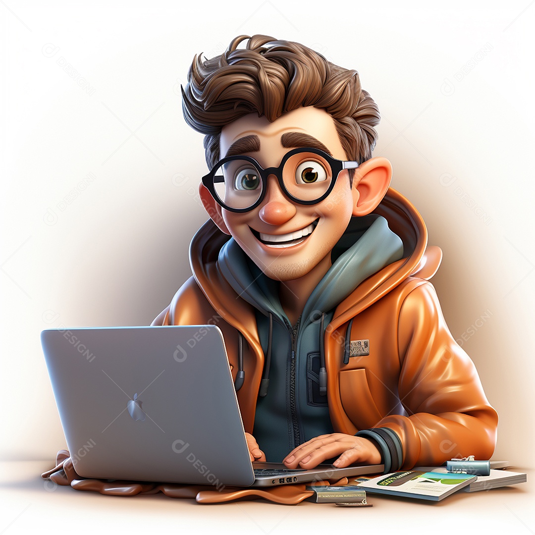 Homem feliz dos desenhos animados 3D usando laptop localizado em fundo branco transparente