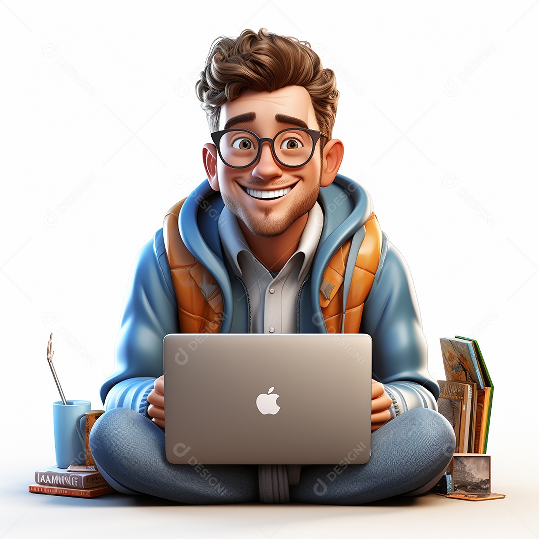 Homem feliz dos desenhos animados 3D usando laptop localizado em fundo branco transparente