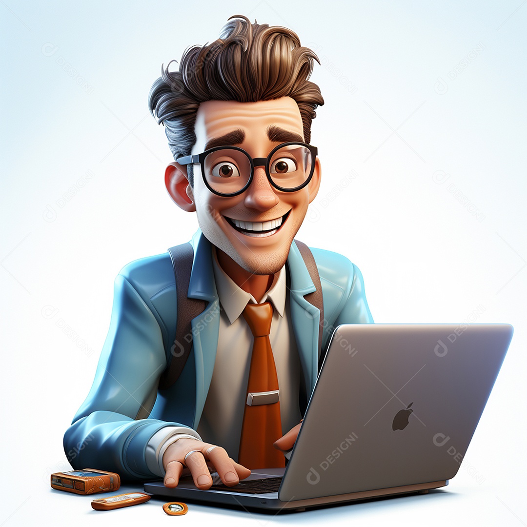 Homem feliz dos desenhos animados 3D usando laptop localizado em fundo branco transparente