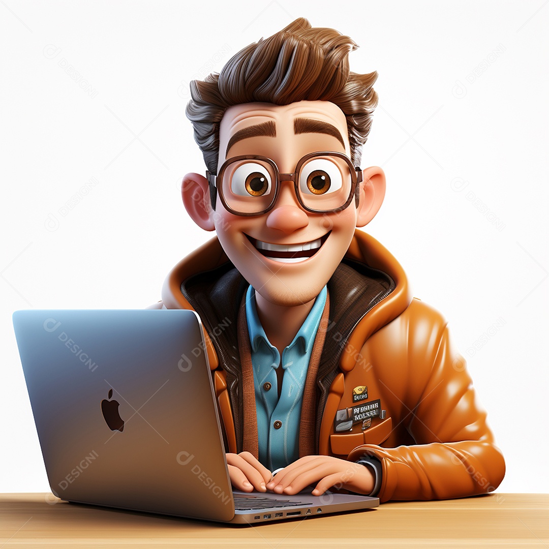 Homem feliz dos desenhos animados 3D usando laptop localizado em fundo branco transparente