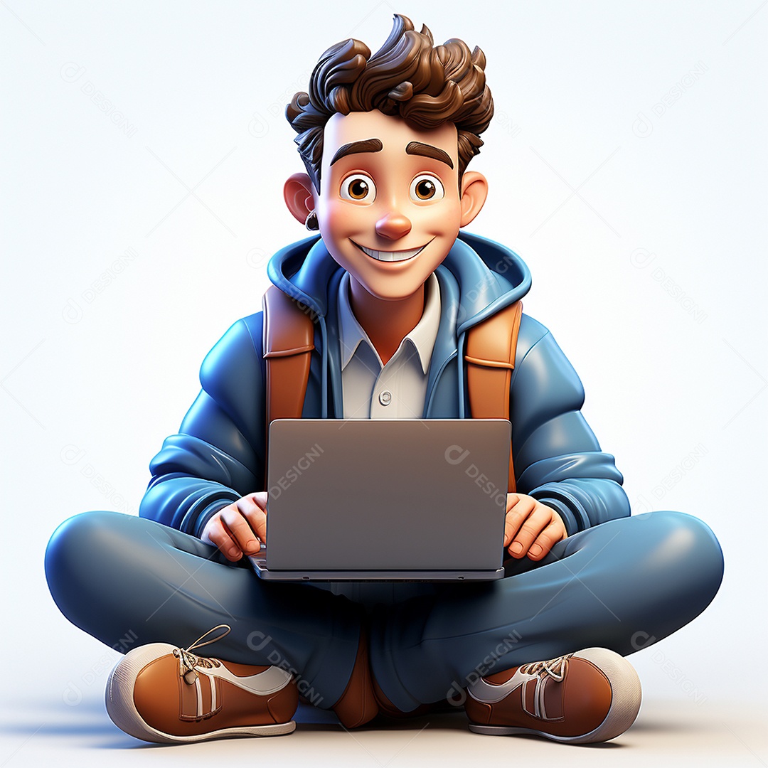 Homem feliz dos desenhos animados 3D usando laptop localizado em fundo branco transparente