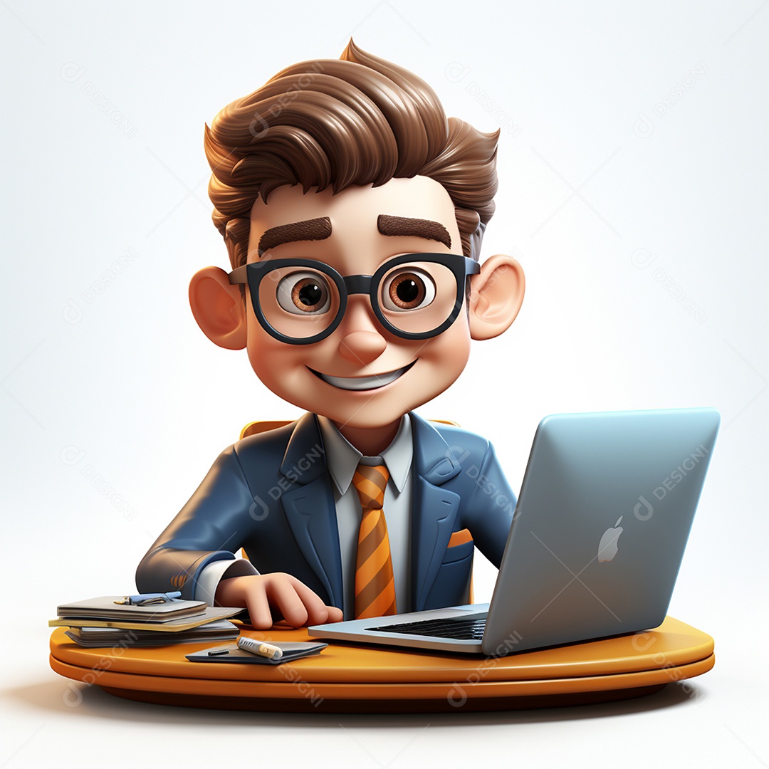 Homem feliz dos desenhos animados 3D usando laptop localizado em fundo branco transparente