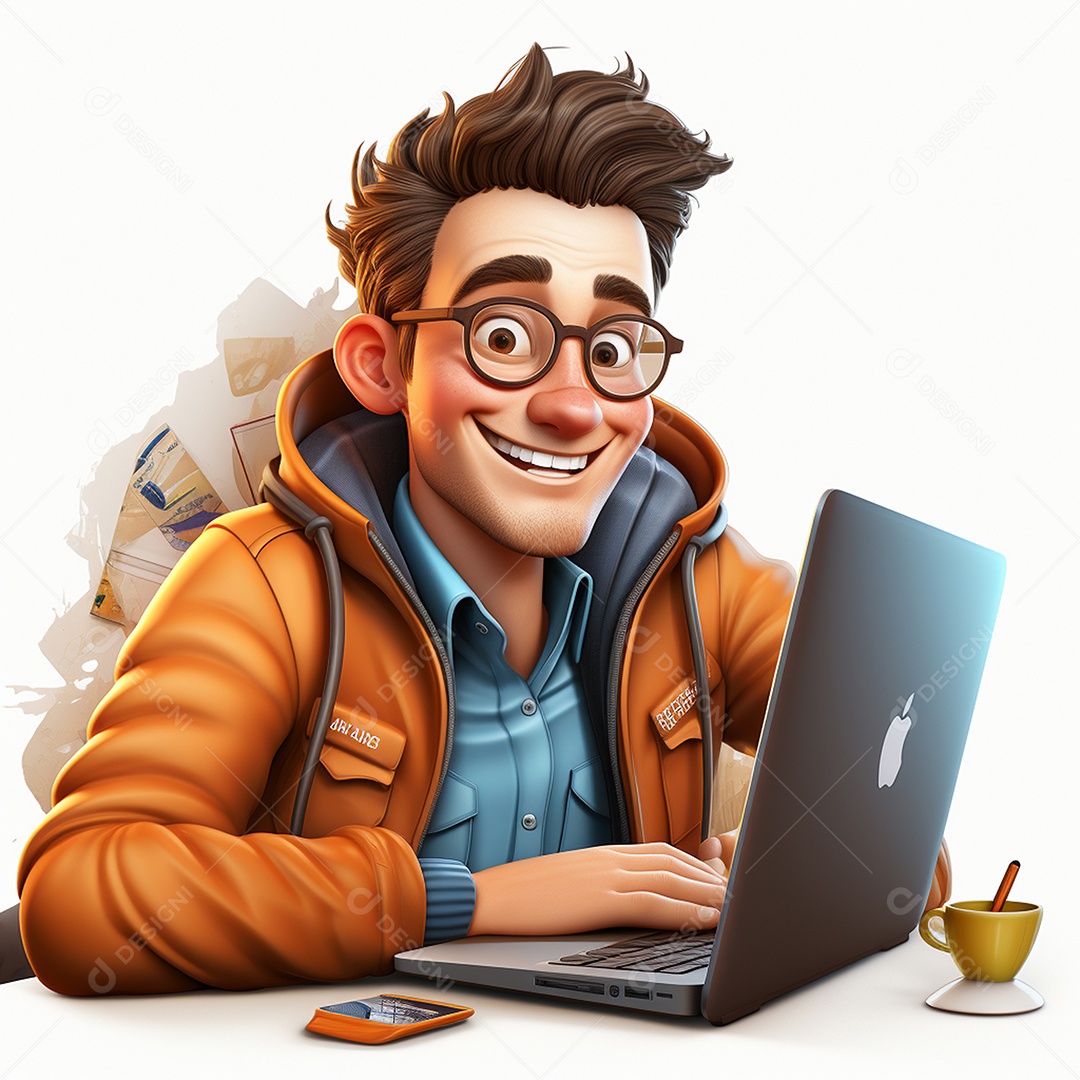 Homem feliz dos desenhos animados 3D usando laptop localizado em fundo branco transparente