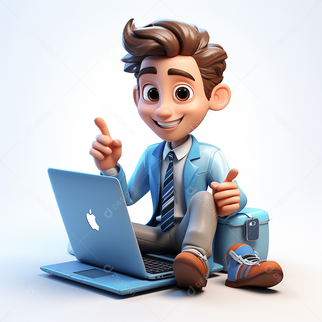 Homem feliz dos desenhos animados 3D usando laptop localizado em fundo branco transparente