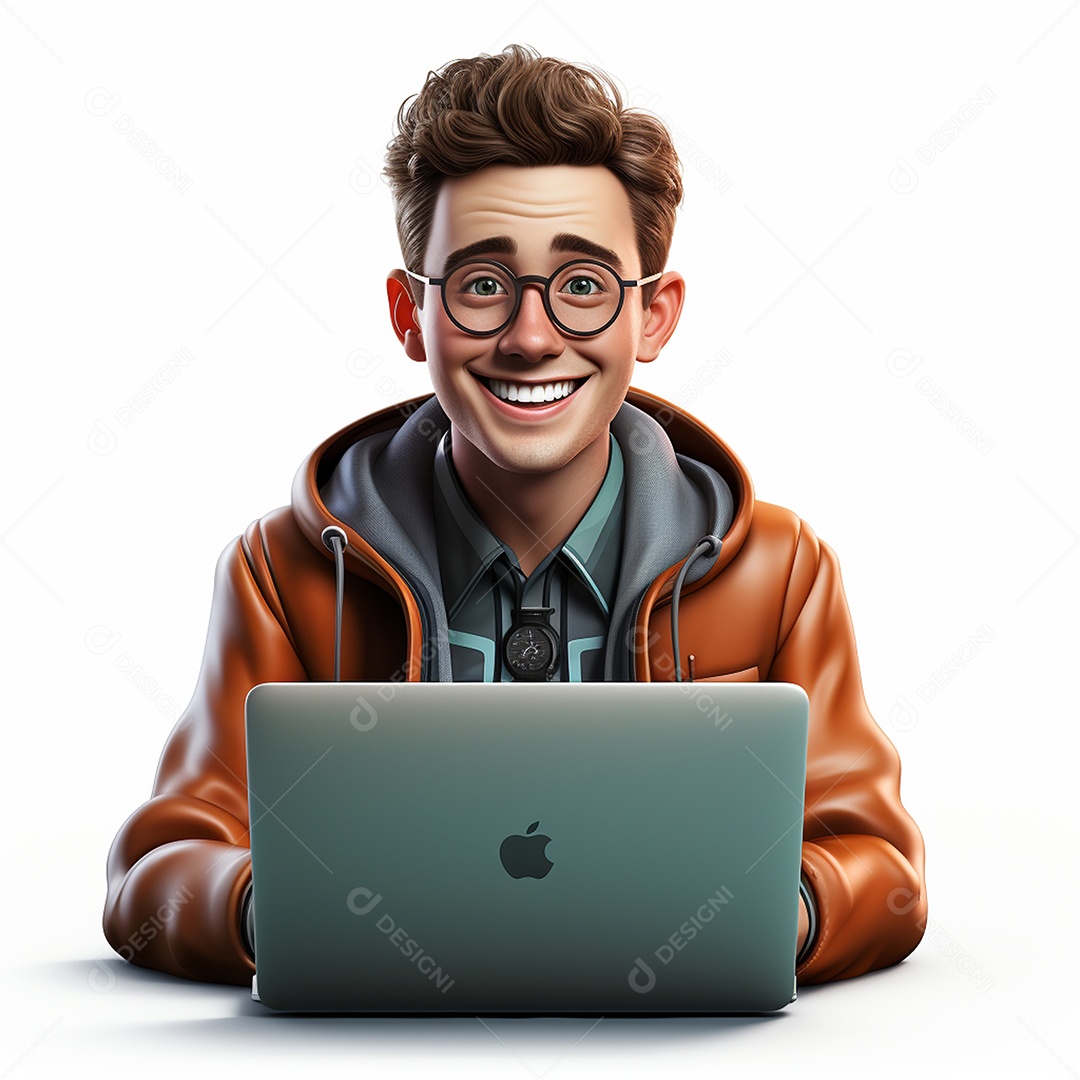 Homem feliz dos desenhos animados 3D usando laptop localizado em fundo branco transparente