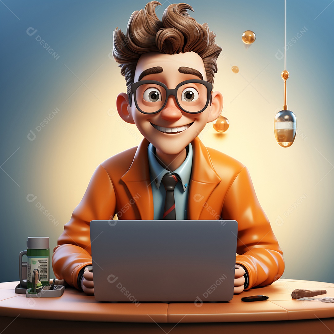 Homem feliz dos desenhos animados 3D usando laptop localizado em fundo branco transparente