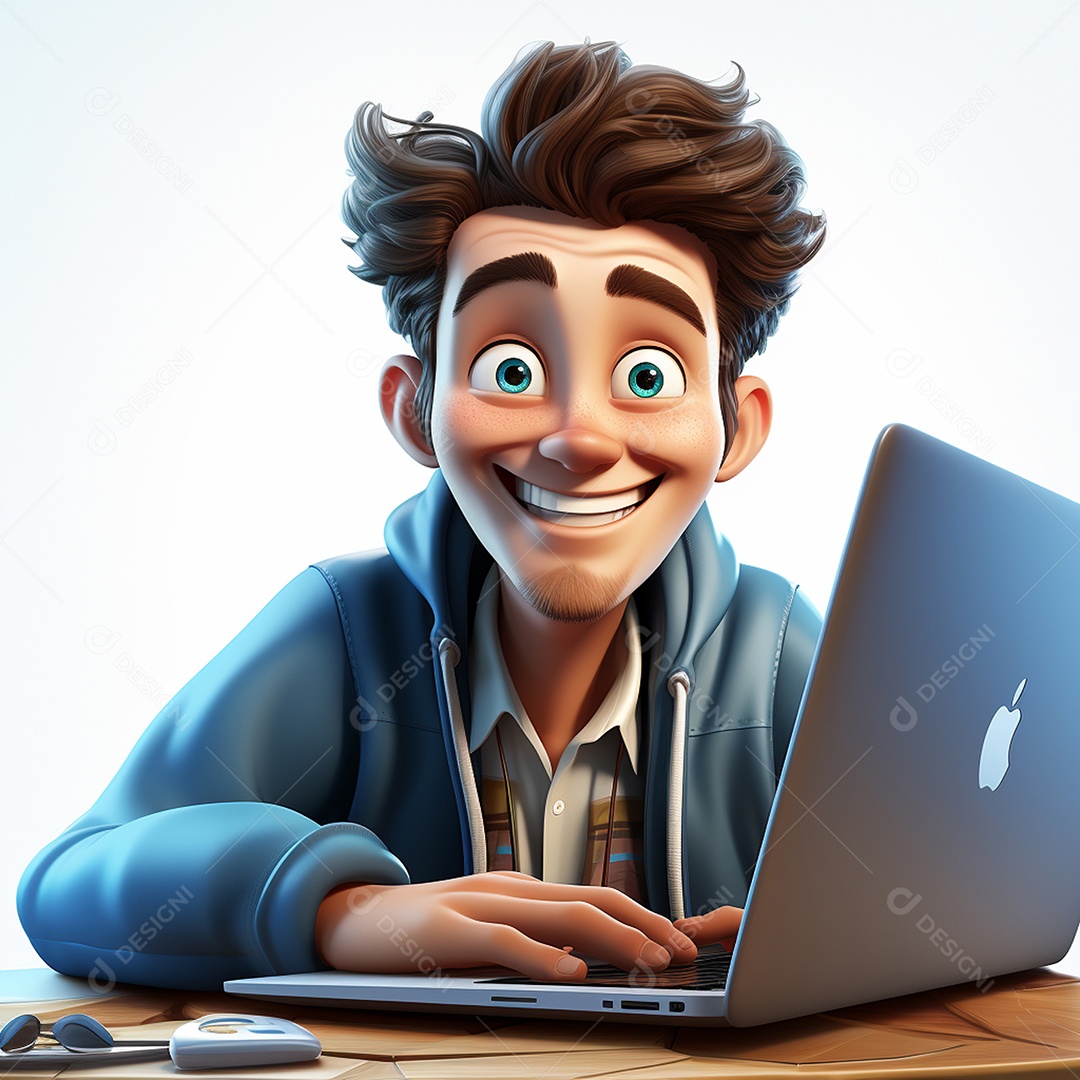 Homem feliz dos desenhos animados 3D usando laptop localizado em fundo branco transparente