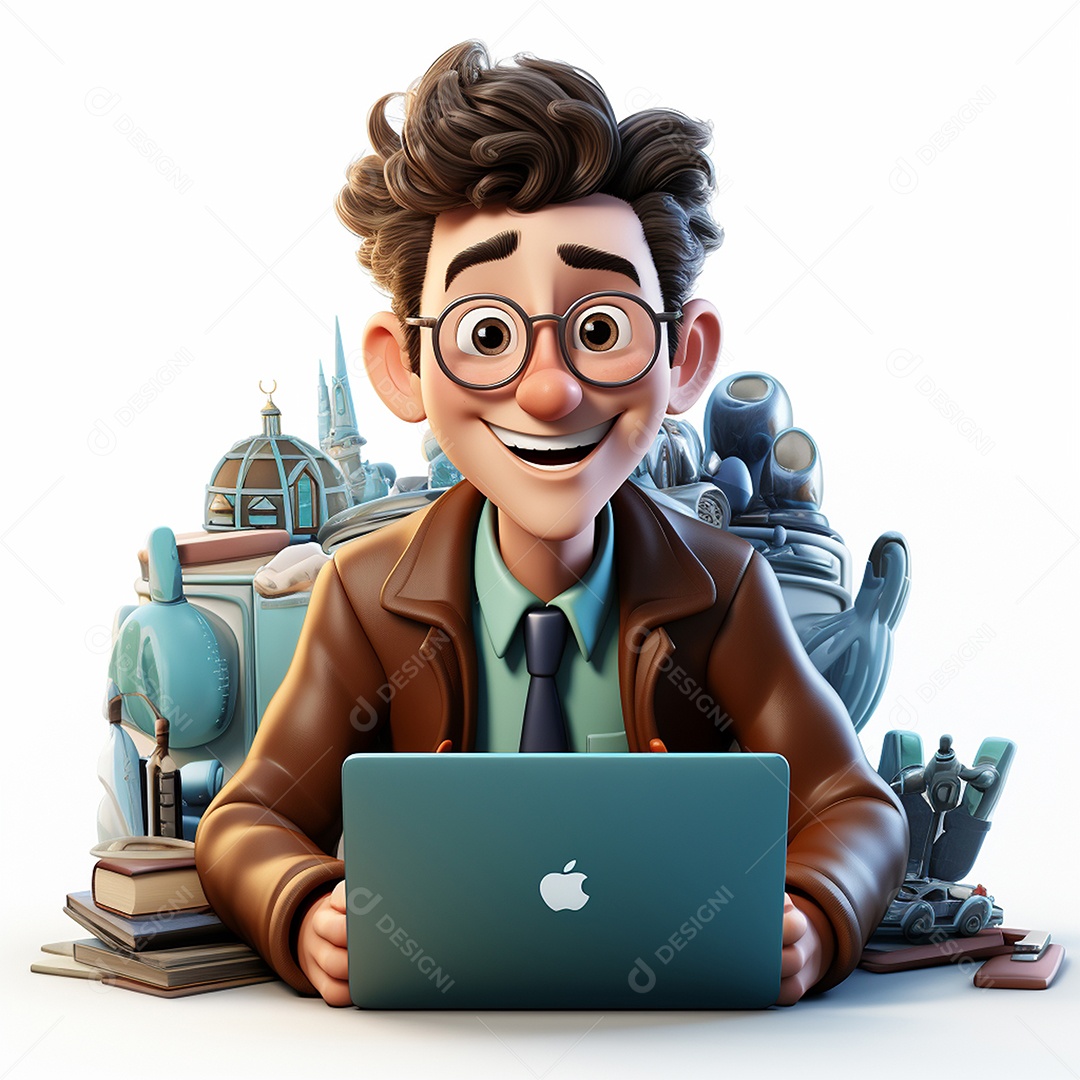 Homem feliz dos desenhos animados 3D usando laptop localizado em fundo branco transparente