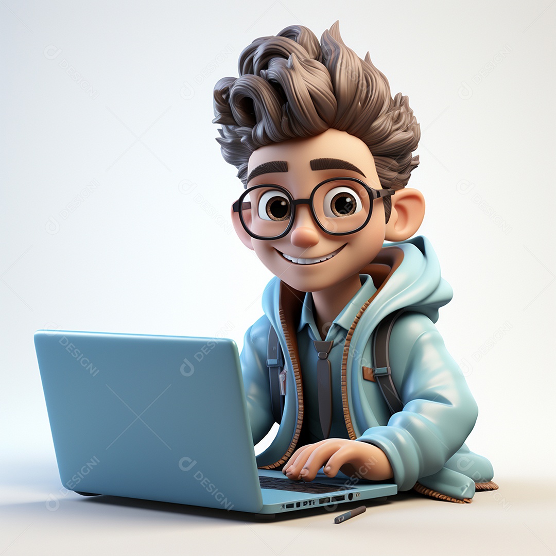 Homem feliz dos desenhos animados 3D usando laptop localizado em fundo branco transparente