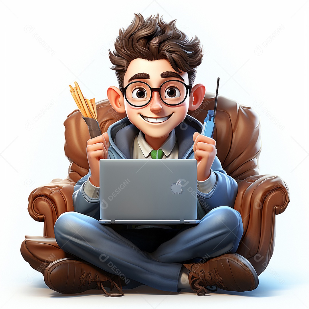 Homem feliz dos desenhos animados 3D usando laptop localizado em fundo branco transparente