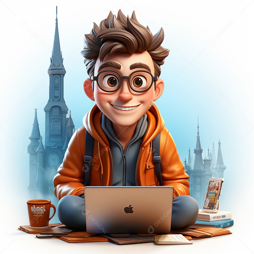 Homem feliz dos desenhos animados 3D usando laptop localizado em fundo branco transparente