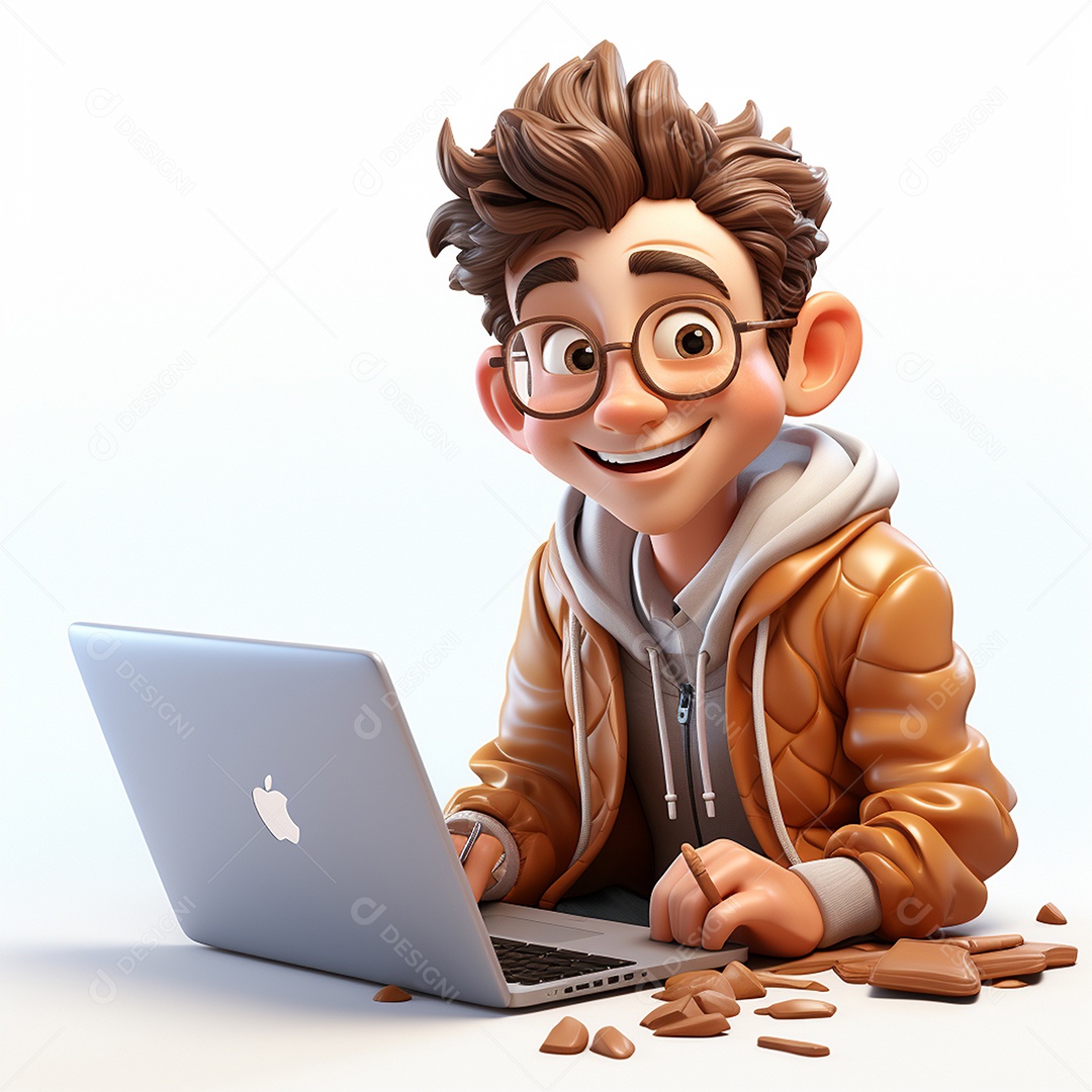 Homem feliz dos desenhos animados 3D usando laptop localizado em fundo branco transparente