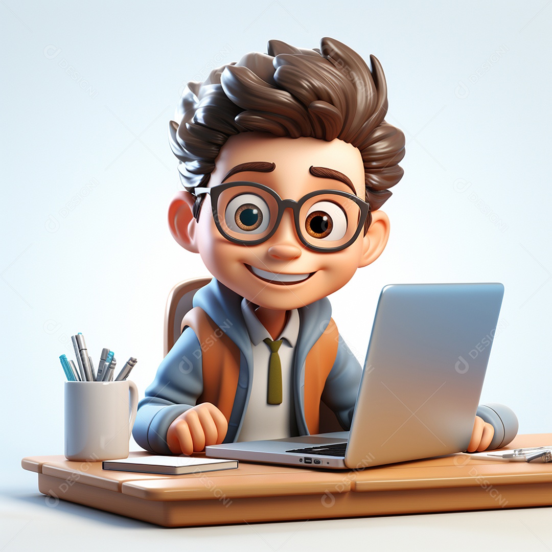 Homem feliz dos desenhos animados 3D usando laptop localizado em fundo branco transparente