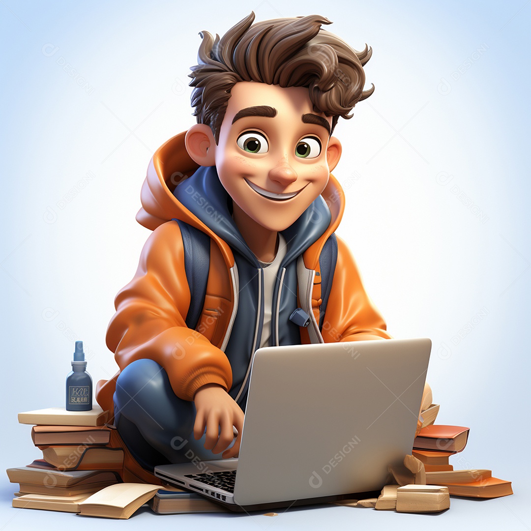 Homem feliz dos desenhos animados 3D usando laptop localizado em fundo branco transparente