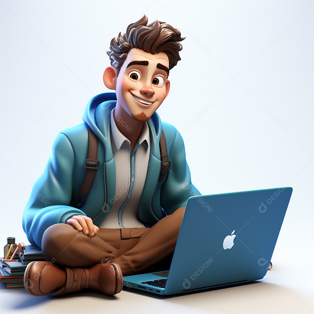 Homem feliz dos desenhos animados 3D usando laptop localizado em fundo branco transparente