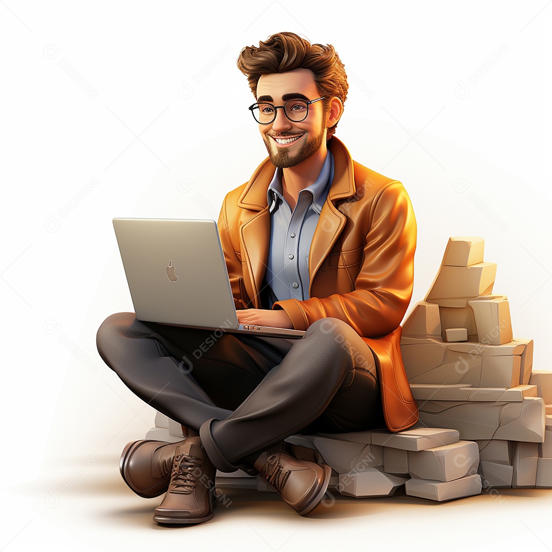 Homem feliz dos desenhos animados 3D usando laptop localizado em fundo branco transparente
