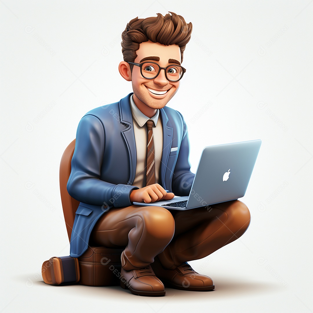 Homem feliz dos desenhos animados 3D usando laptop localizado em fundo branco transparente