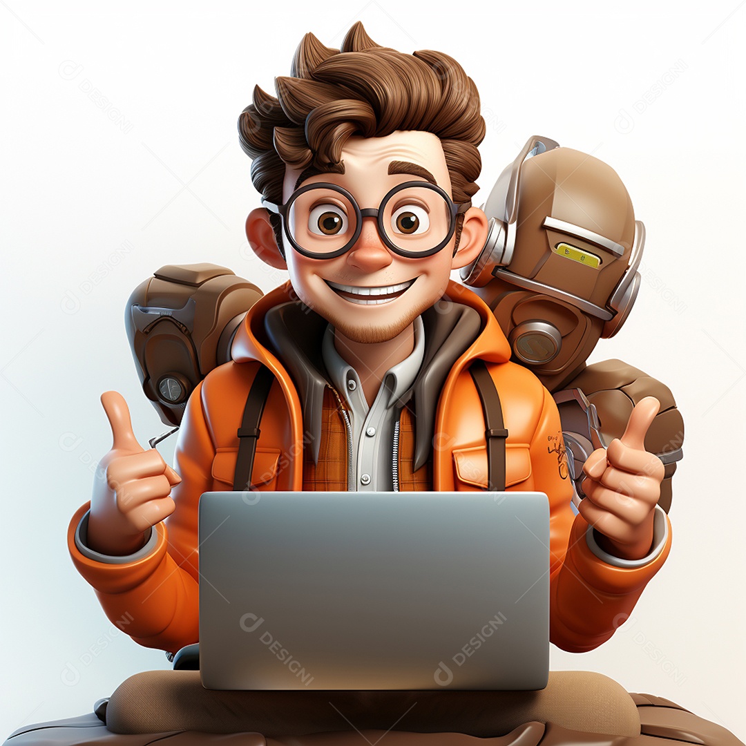 Homem feliz dos desenhos animados 3D usando laptop localizado em fundo branco transparente