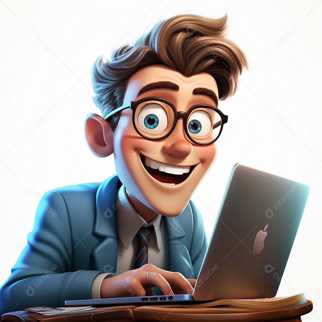 Homem feliz dos desenhos animados 3D usando laptop localizado em fundo branco transparente