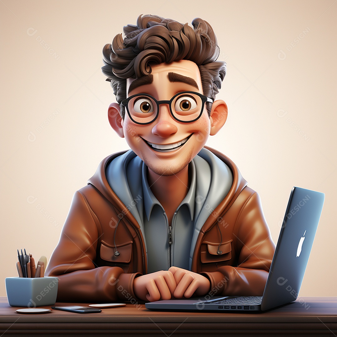 Homem feliz dos desenhos animados 3D usando laptop localizado em fundo branco transparente