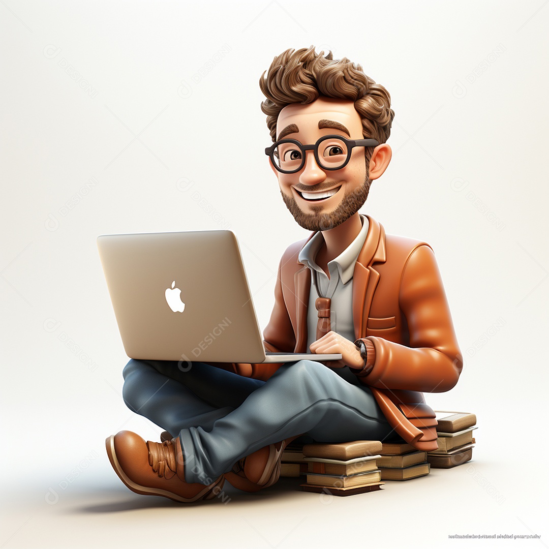 Homem feliz dos desenhos animados 3D usando laptop localizado em fundo branco transparente