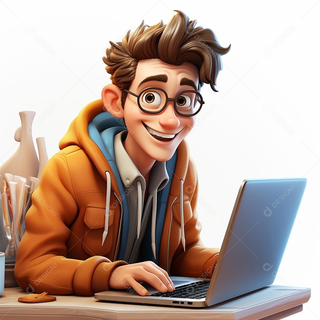 Homem feliz dos desenhos animados 3D usando laptop localizado em fundo branco transparente